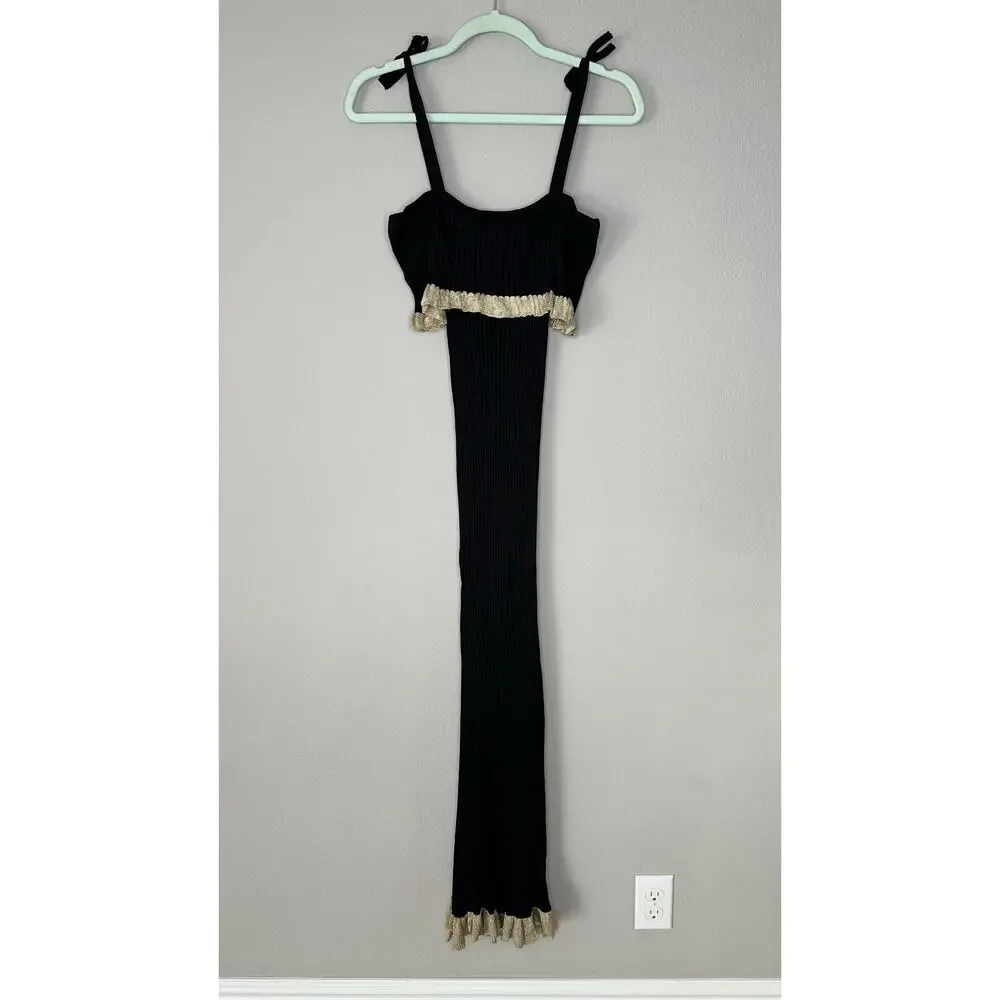 FREE PEOPLE Womens Size XS Black Gold Off the Shoulder Ribbed Sweater Midi Dress
